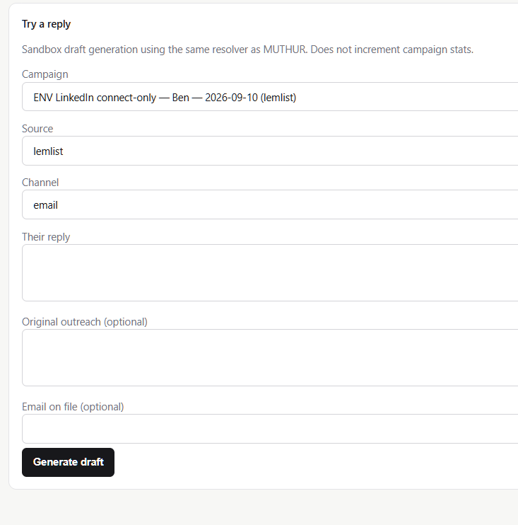 Try a reply sandbox form with campaign, source, channel, and reply fields.